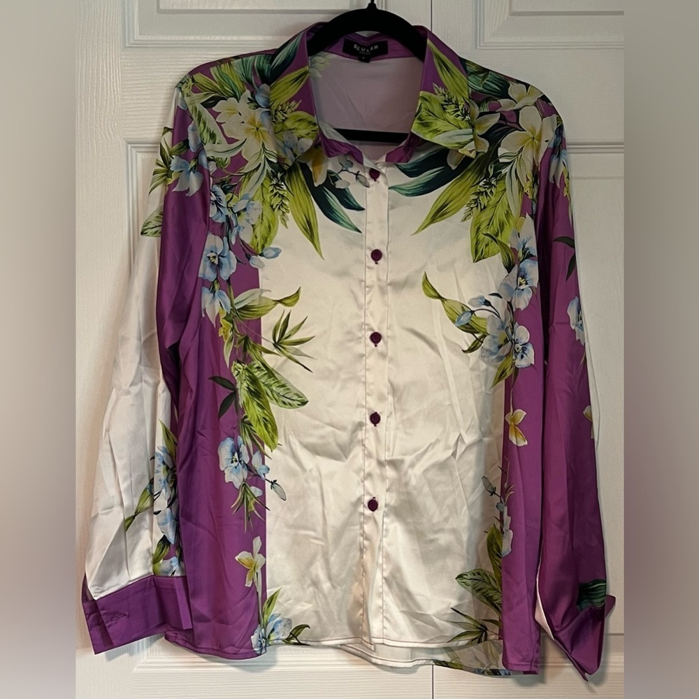 Beulah Style Floral Button-Down Satin Blouse in Purple & Cream